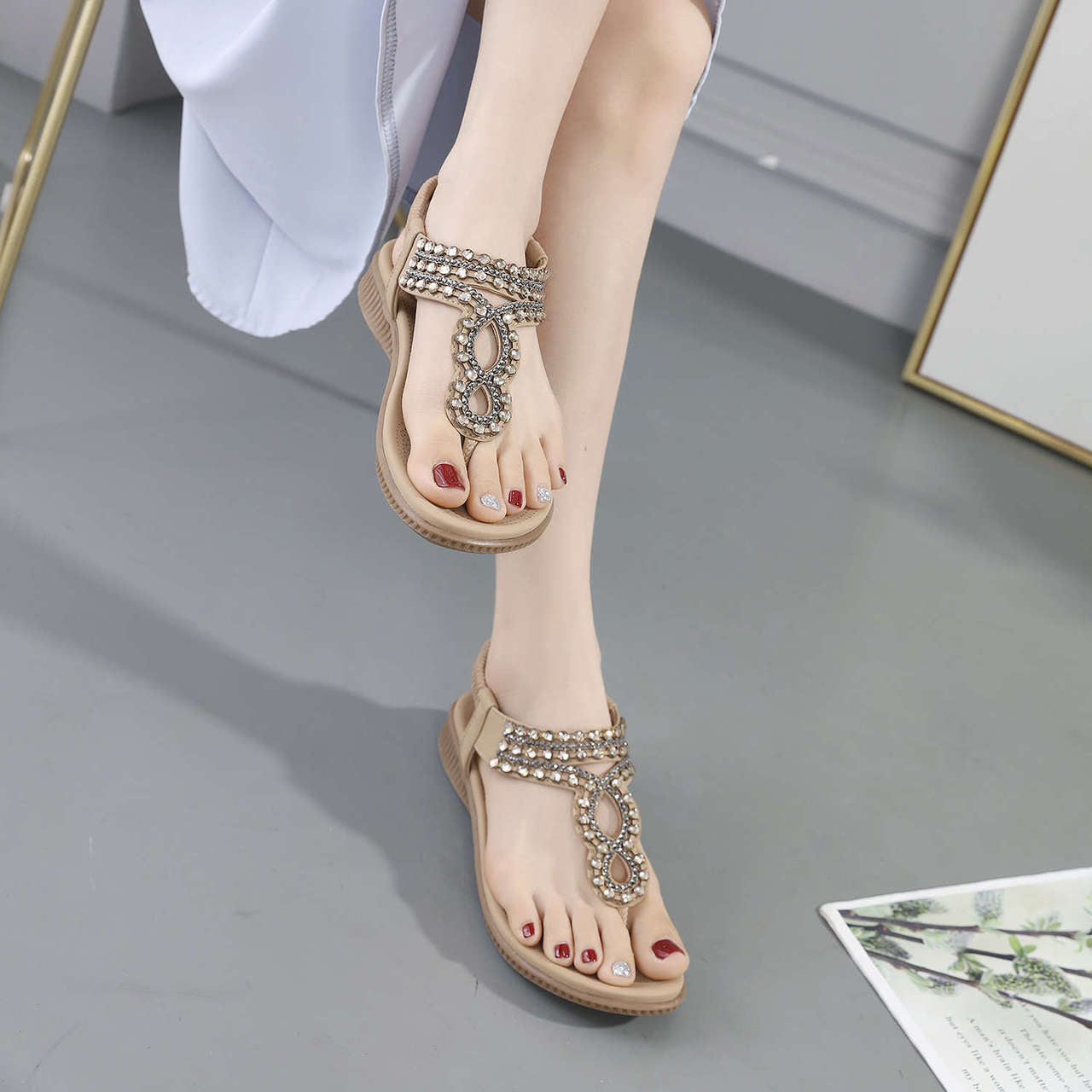 Bohemian Rhinestone Comfortable Vacation Flat Sandals