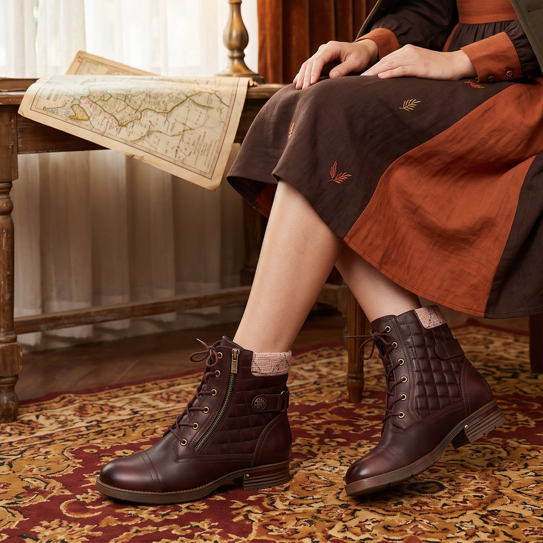 Vintage Burgundy Quilted Ankle Boots