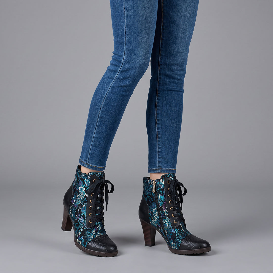 Handmade Floral Jacquard Lace-Up Ankle Boots