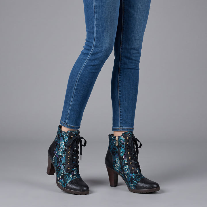 Handmade Floral Jacquard Lace-Up Ankle Boots