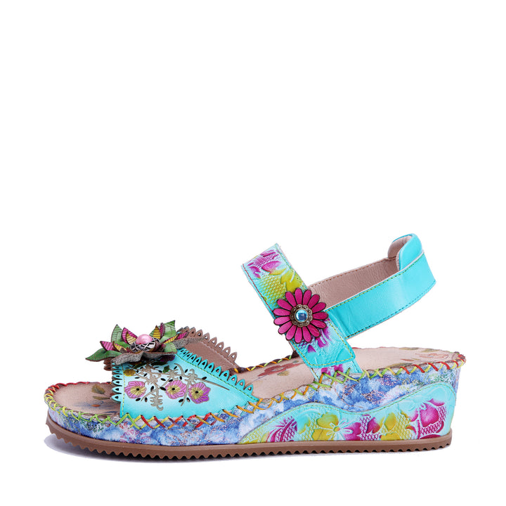 Handgefertigte türkisfarbene florale Keilsandalen