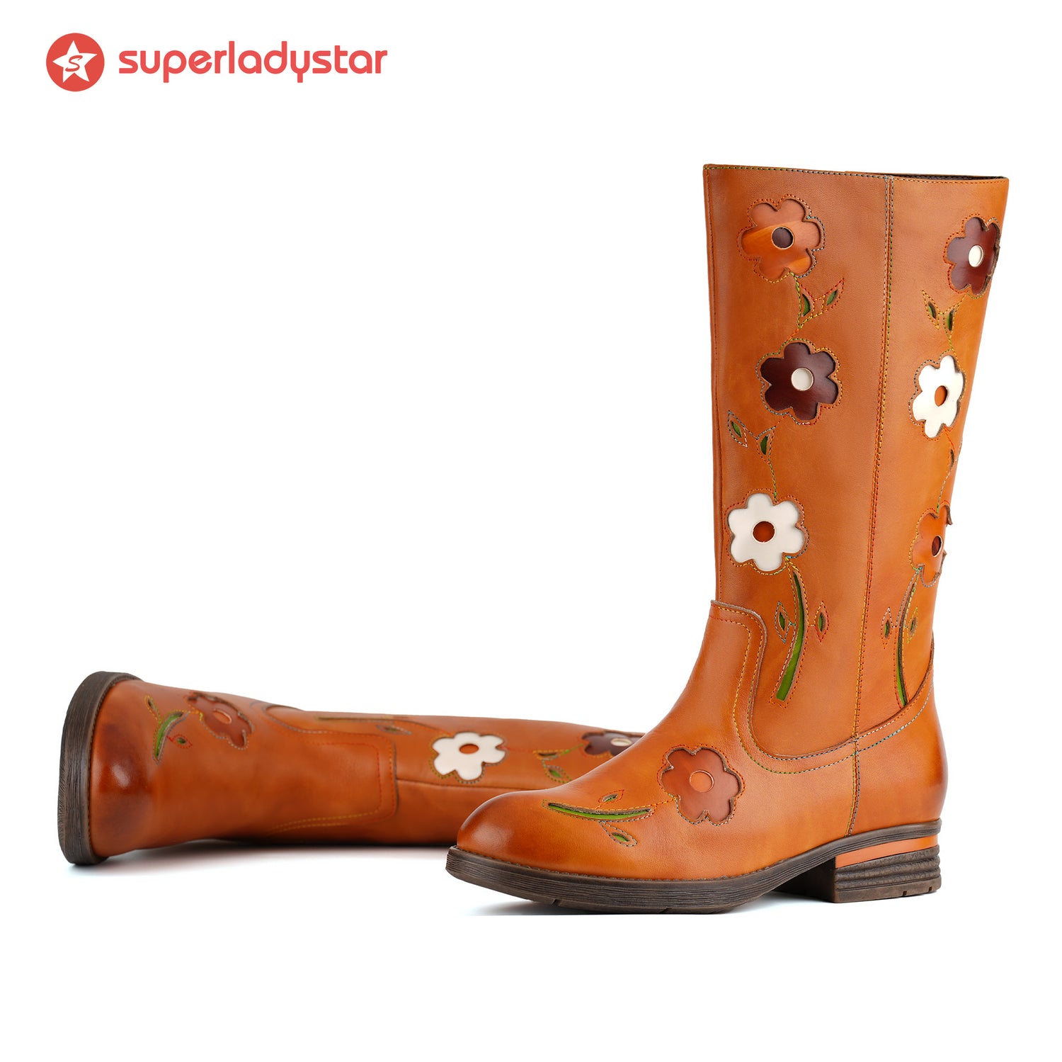 Bottes rétro en cuir floral à mi-mollet