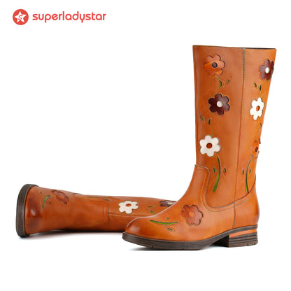 Bottes rétro en cuir floral à mi-mollet