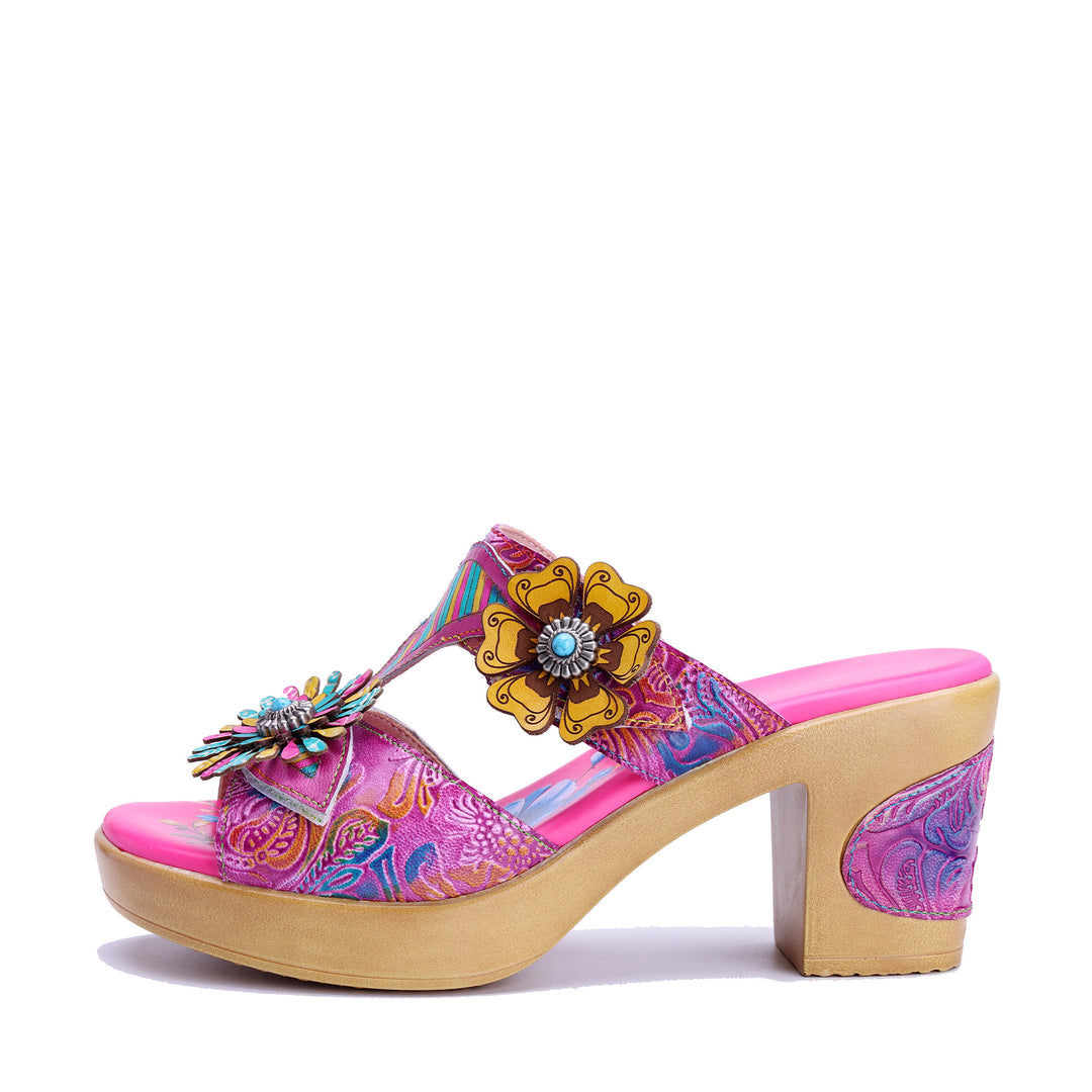 Sandali con tacco grosso Boho floreali vivaci