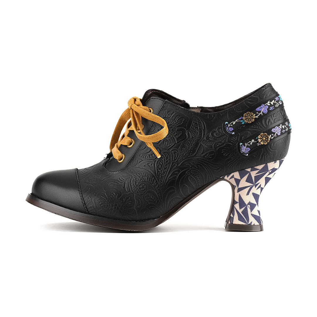 Floral Embossed Lace-Up Heels