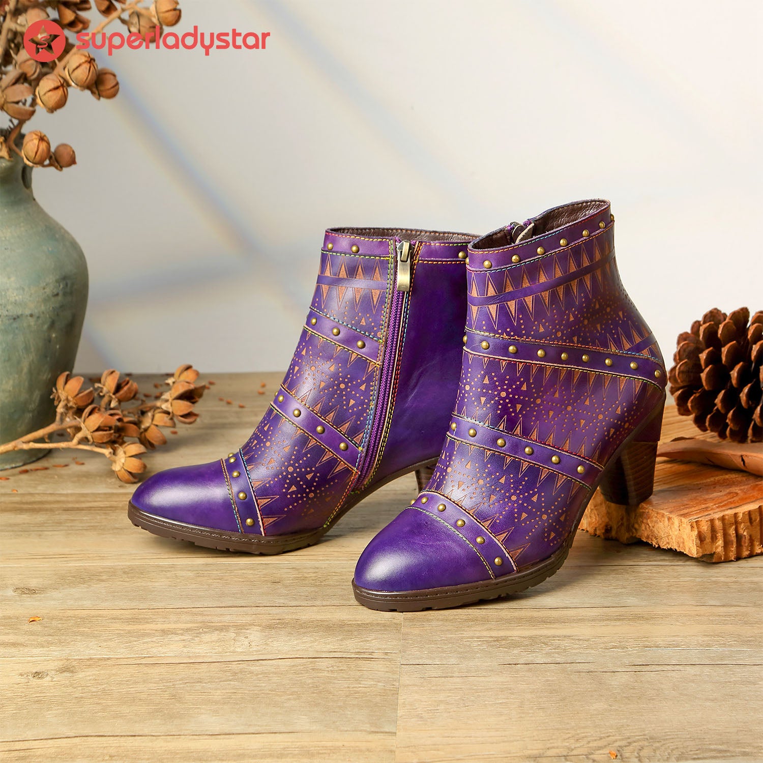 Retro Handmade Leather Rivet Ankle Boots