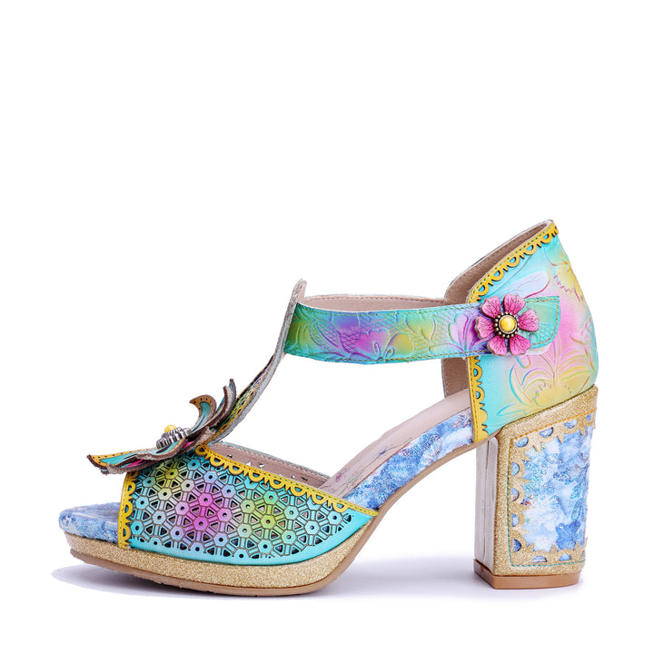 Mehrfarbige T-Riemen-Sandalen mit Blumenmuster