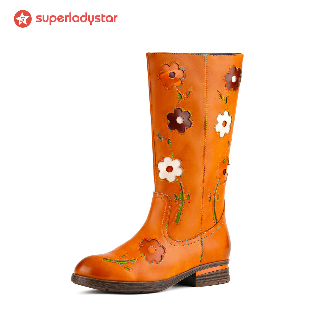 Stivali a metà chic di pelle floreale retrò