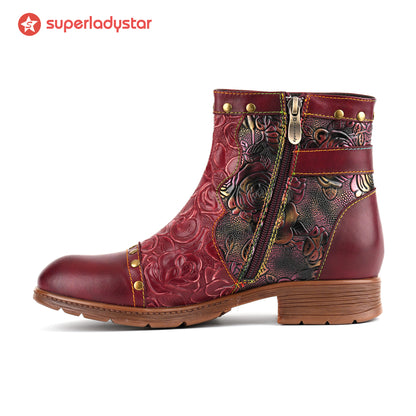 Crimson Rose Embossed Ankle Boots(Pre-order)