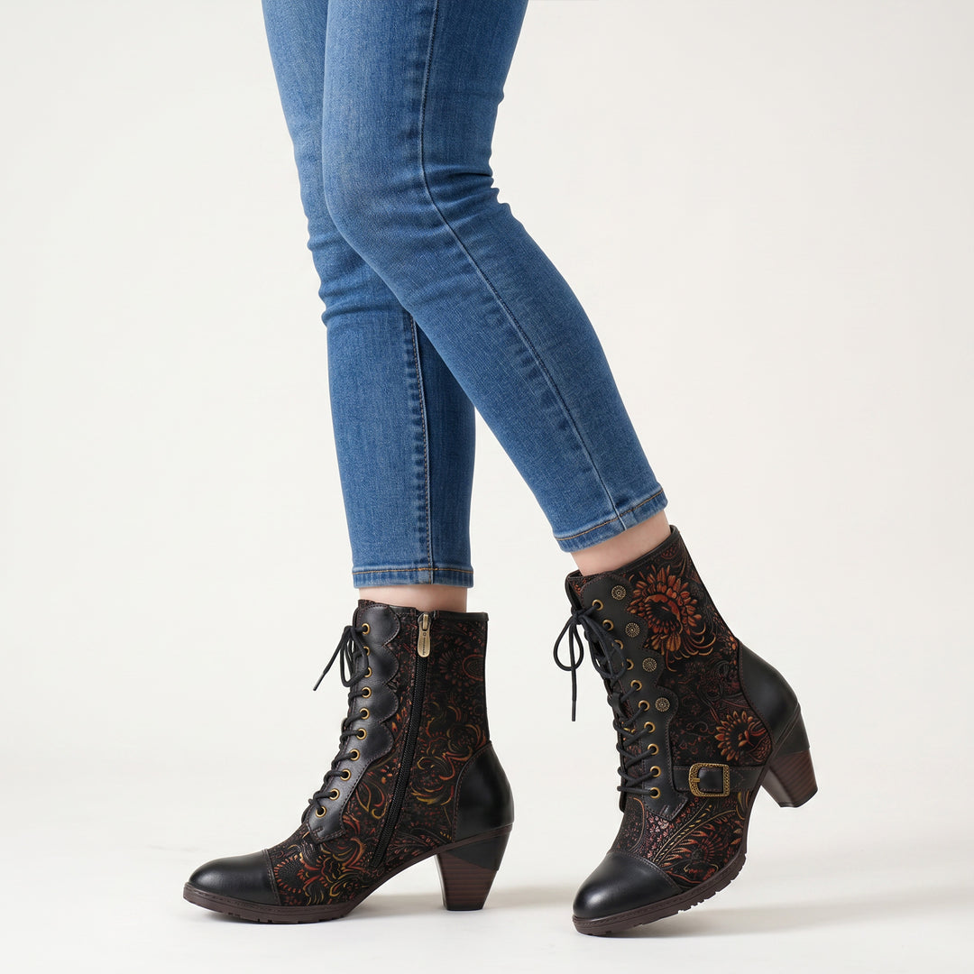 Vintage Floral Victorian Lace-Up Mid-Calf Boots