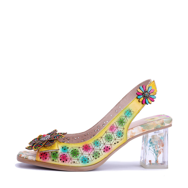 Slingback-Sandalen mit Blumenmuster und transparentem Absatz