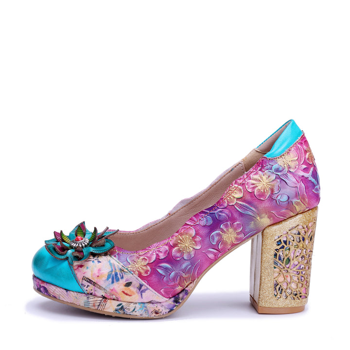 Multicolor Floral Chunky Heel Pumps