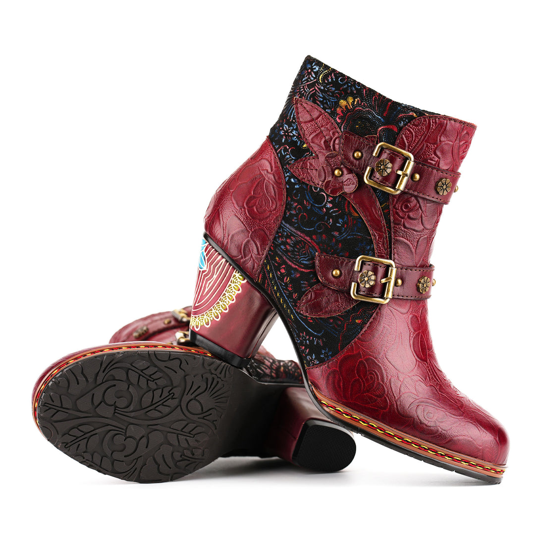 Vintage-Stiefeletten aus Leder mit kunstvoller Blumenprägung