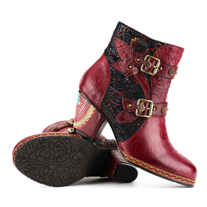 Vintage-Stiefeletten aus Leder mit kunstvoller Blumenprägung