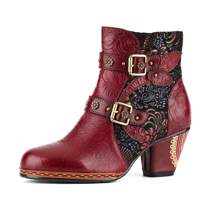 Vintage-Stiefeletten aus Leder mit kunstvoller Blumenprägung