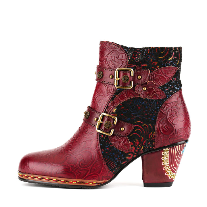 Vintage-Stiefeletten aus Leder mit kunstvoller Blumenprägung