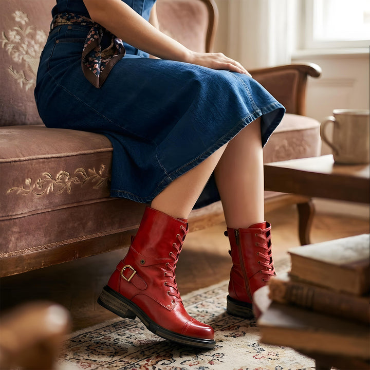 Cómodas botas de cuero genuinas con cordones y cremalleras internas