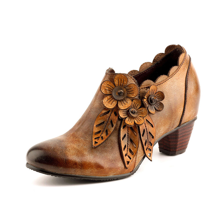 Retro Handmade Floral Leather Low-Heel Pumps