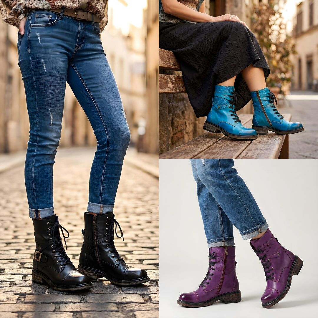 Cómodas botas de cuero genuinas con cordones y cremalleras internas