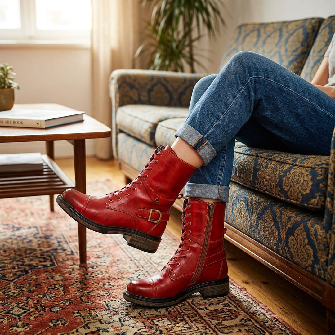 Cómodas botas de cuero genuinas con cordones y cremalleras internas