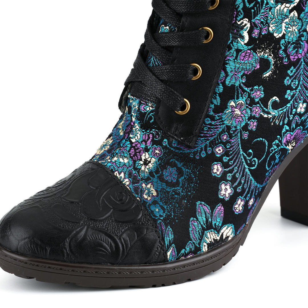 Handmade Floral Jacquard Lace-Up Ankle Boots