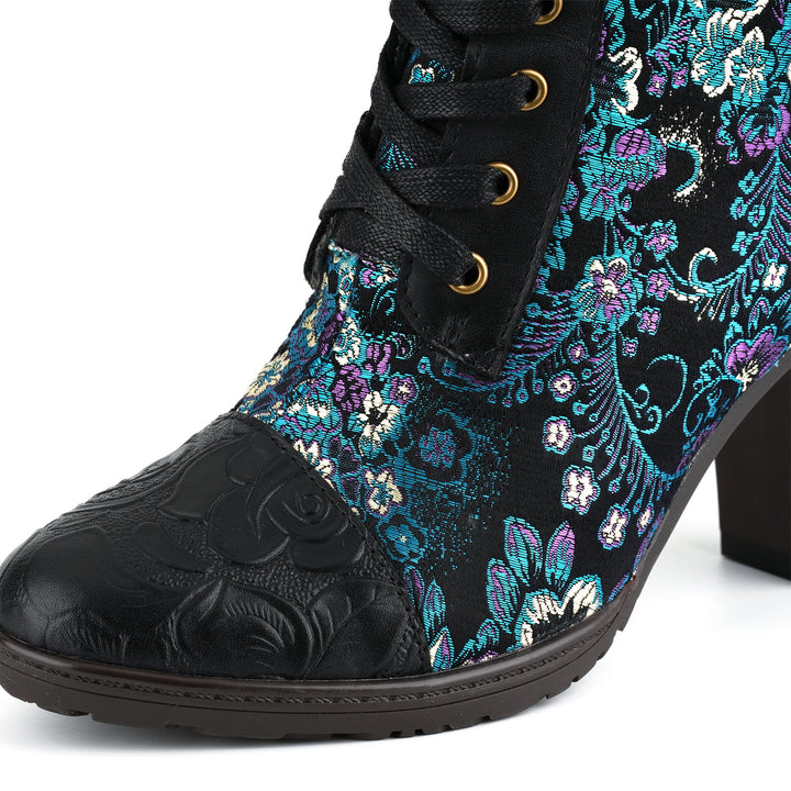 Handmade Floral Jacquard Lace-Up Ankle Boots