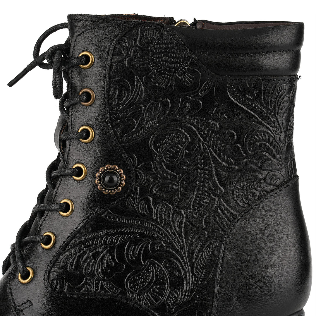 Victorian-Style Embossed Floral Lace-Up Ankle Boots