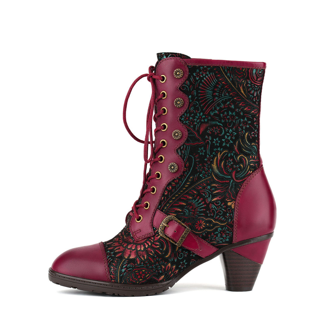 Vintage Floral Victorian Lace-Up Mid-Calf Boots