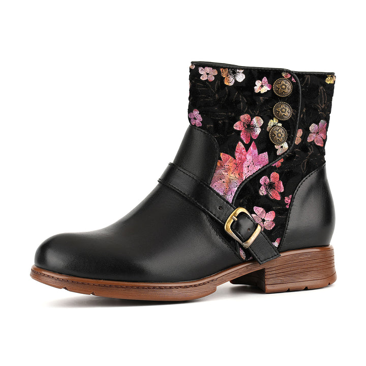 Botines negros con detalles de terciopelo floral hechos a mano