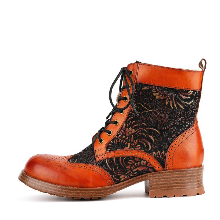 Botins florais com cadarço laranja queimado