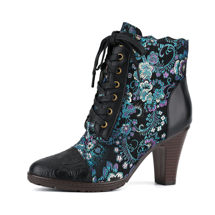 Handmade Floral Jacquard Lace-Up Ankle Boots