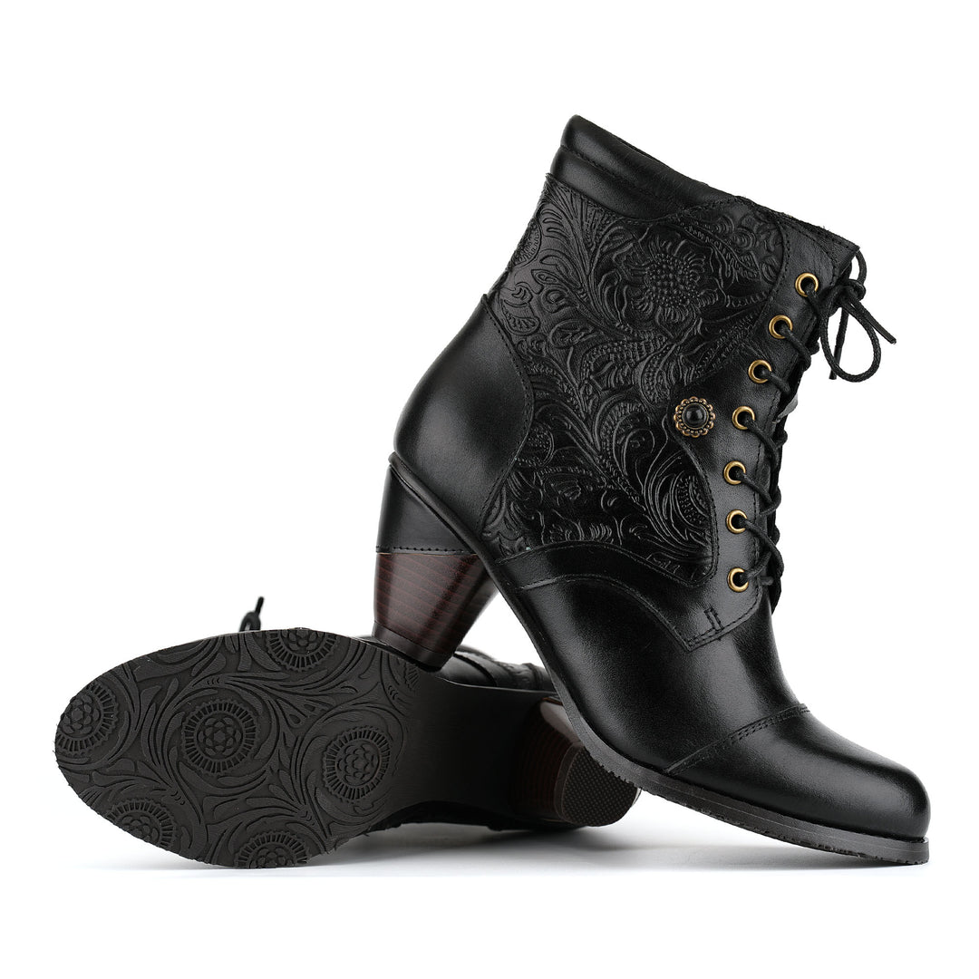 Victorian-Style Embossed Floral Lace-Up Ankle Boots