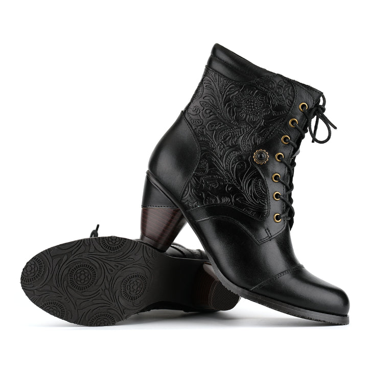 Victorian-Style Embossed Floral Lace-Up Ankle Boots