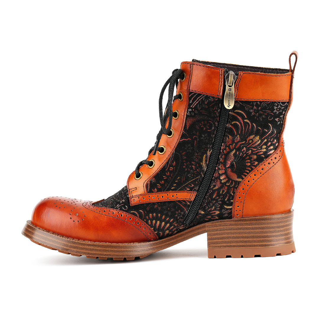 Botins florais com cadarço laranja queimado
