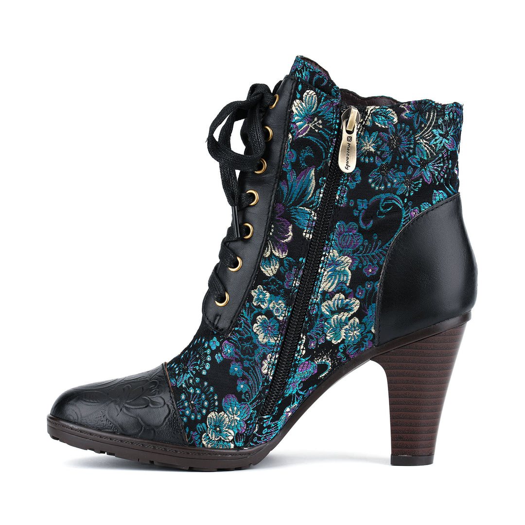 Handmade Floral Jacquard Lace-Up Ankle Boots