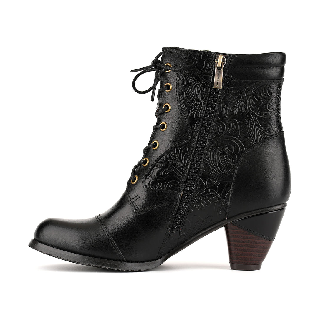 Victorian-Style Embossed Floral Lace-Up Ankle Boots