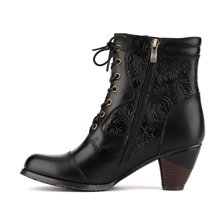 Victorian-Style Embossed Floral Lace-Up Ankle Boots