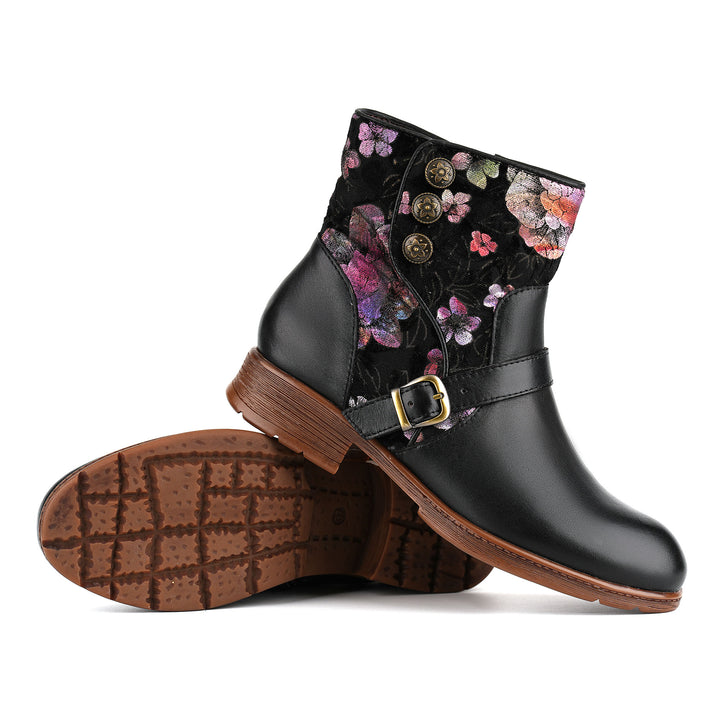 Botines negros con detalles de terciopelo floral hechos a mano