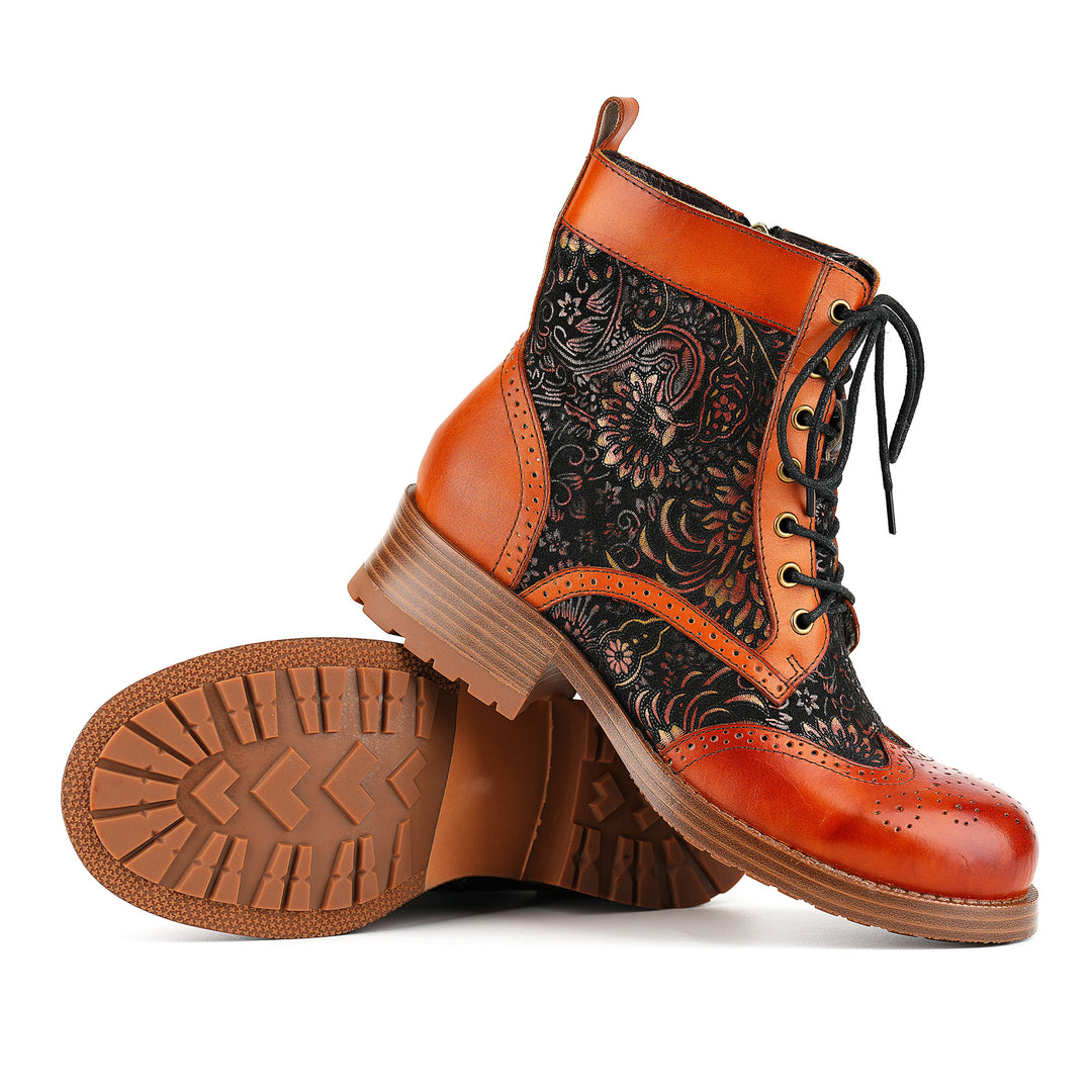 Botins florais com cadarço laranja queimado
