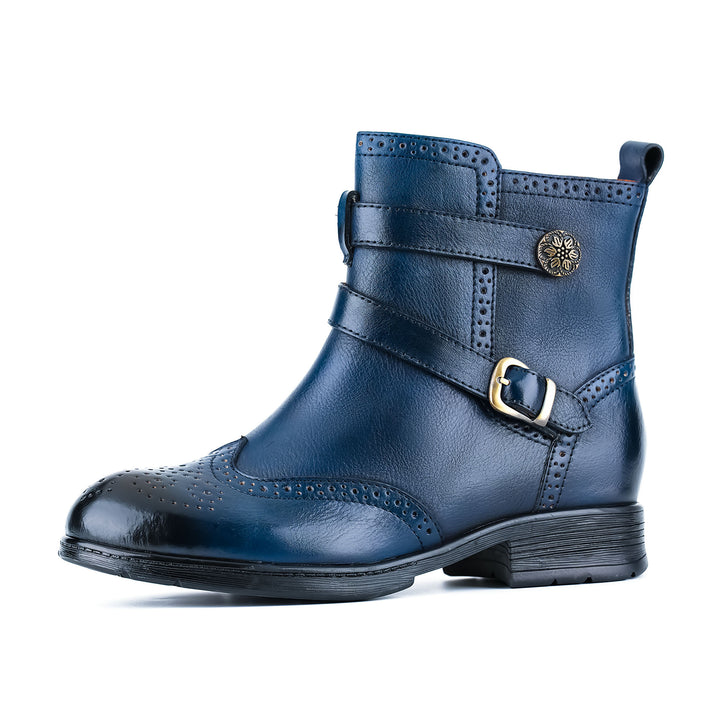 Vintage Leather Brogue-Style Flat Ankle Boots