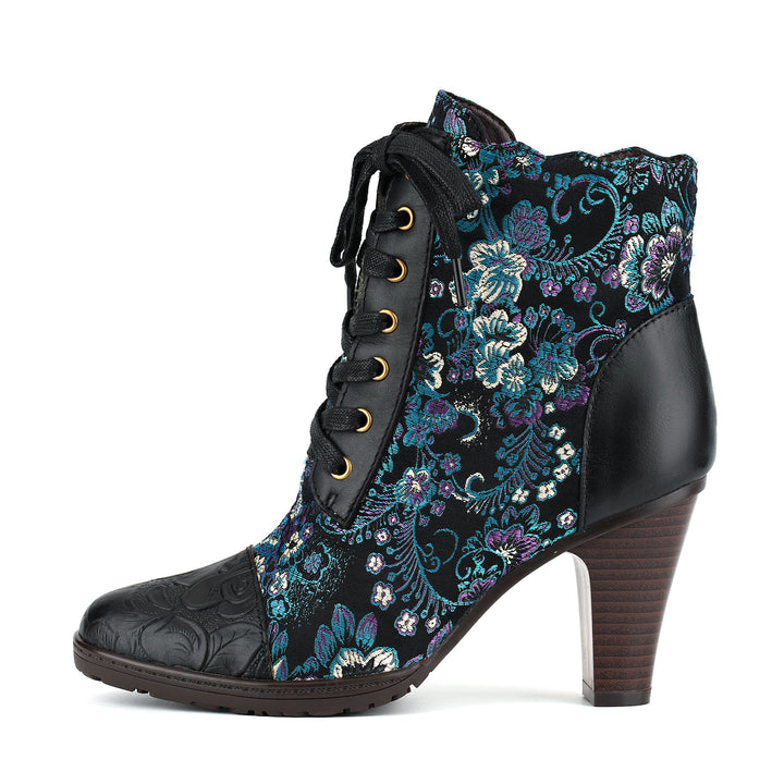 Handmade Floral Jacquard Lace-Up Ankle Boots