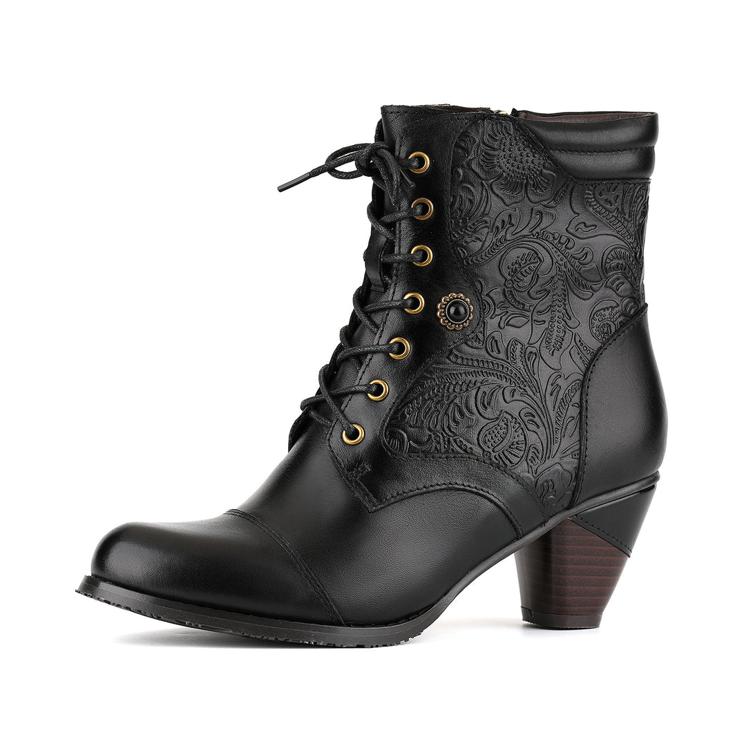 Victorian-Style Embossed Floral Lace-Up Ankle Boots
