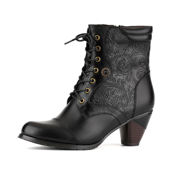 Victorian-Style Embossed Floral Lace-Up Ankle Boots