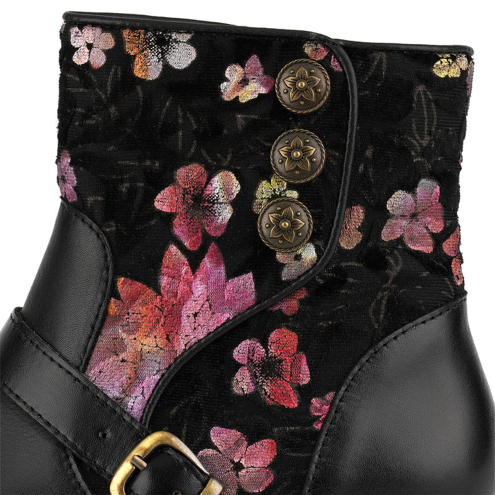 Botines negros con detalles de terciopelo floral hechos a mano