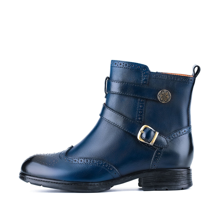 Vintage Leather Brogue-Style Flat Ankle Boots