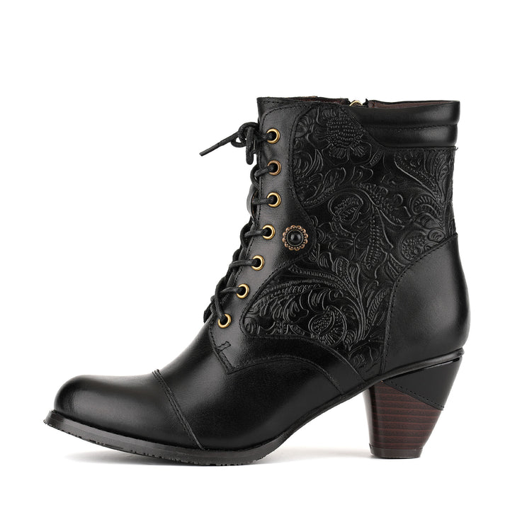 Victorian-Style Embossed Floral Lace-Up Ankle Boots