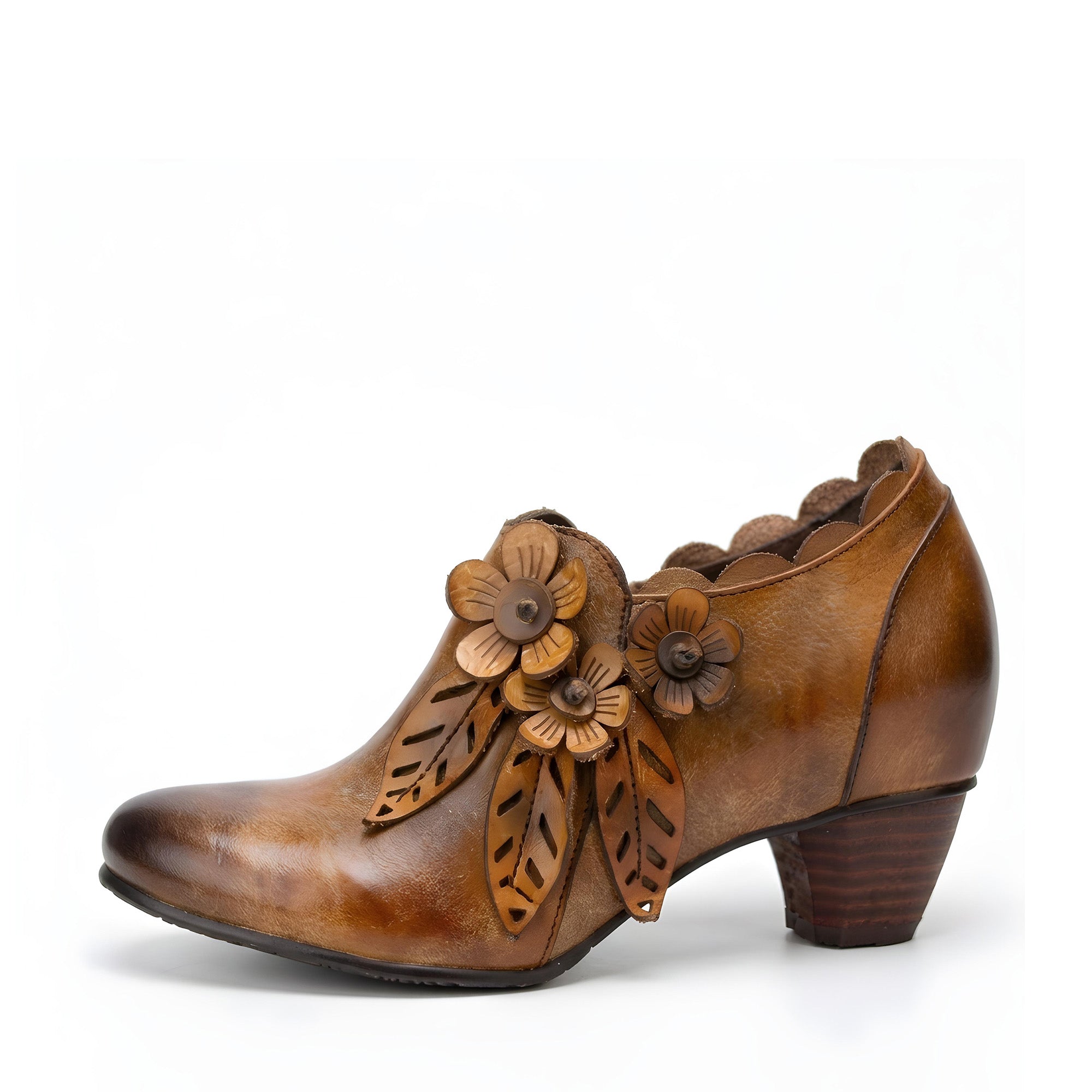 Retro Handmade Floral Leather Low-Heel Pumps – superladystar