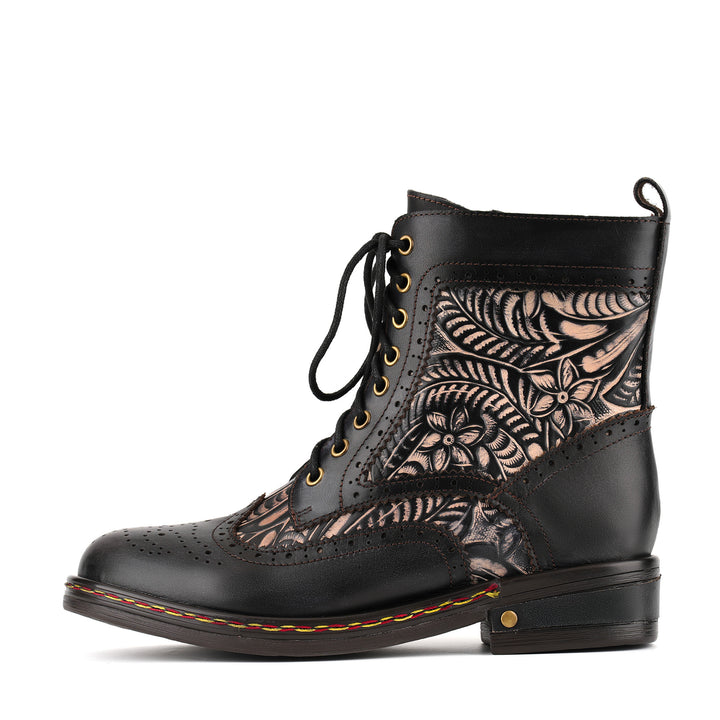 Floral Engraved Vintage Leather Ankle Boots