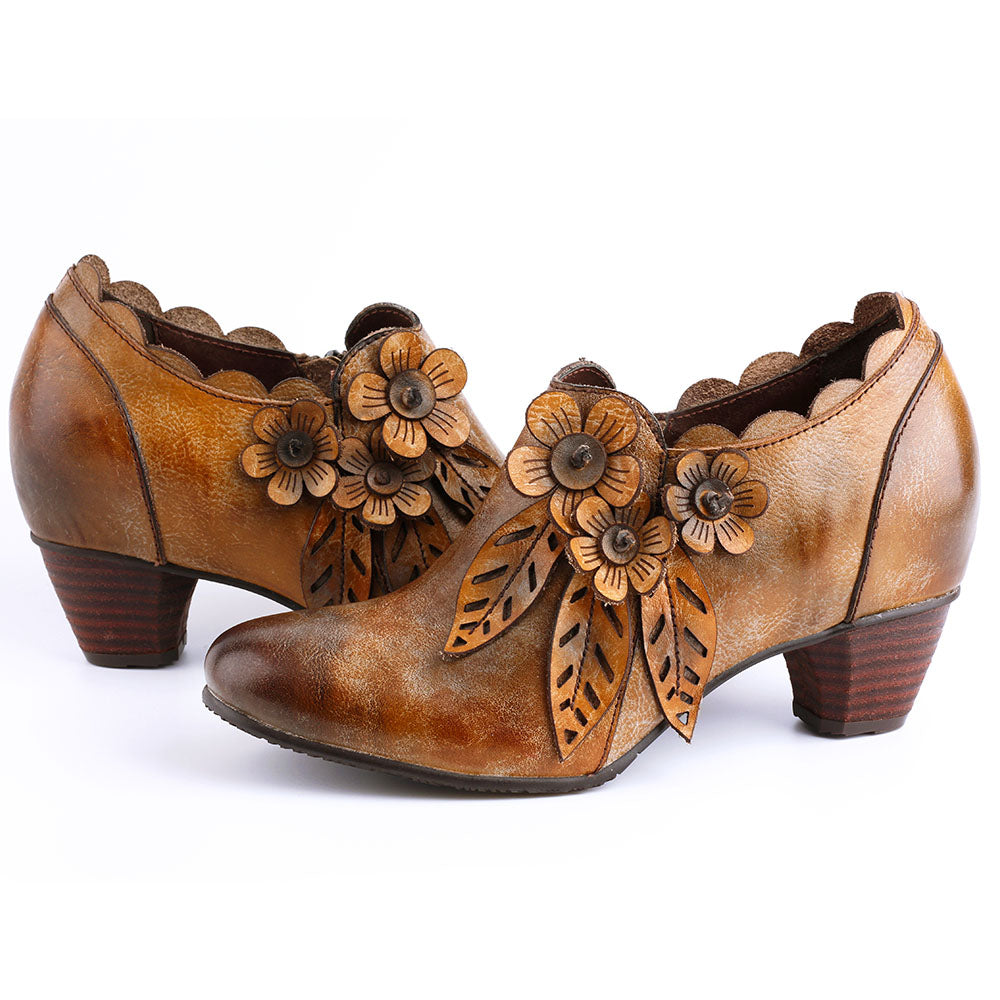 Retro Handmade Floral Leather Low-Heel Pumps