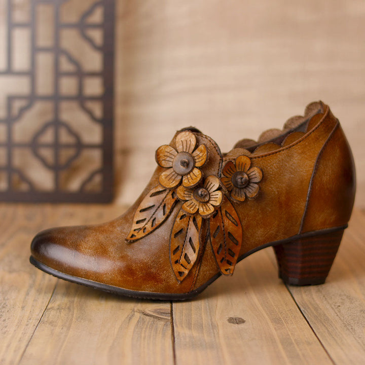 Retro Handmade Floral Leather Low-Heel Pumps